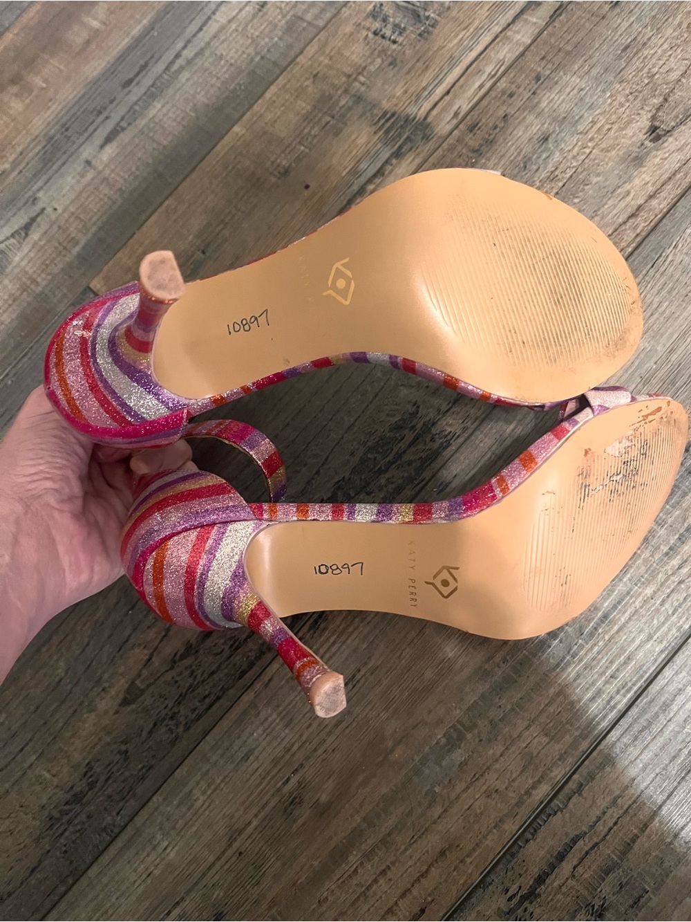 Katy Perry Collections Pink Red Orange Striped Ankle Strap Heels - Picture 4 of 4
